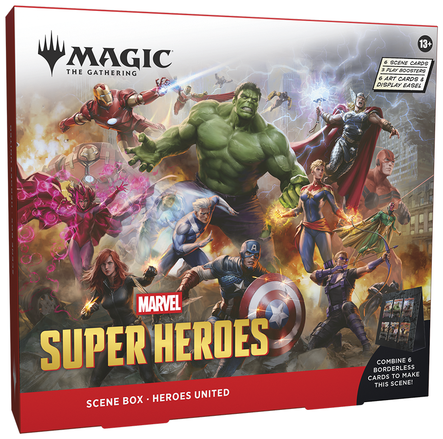 Magic: The Gathering | Marvel Super Heroes Scene Box - Heroes United | 6 Foil Borderless Scene Cards, 6 Art Cards, 3 Play Boosters + Display Easel