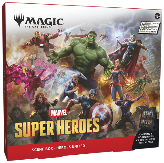 Magic: The Gathering | Marvel Super Heroes Scene Box - Heroes United | 6 Foil Borderless Scene Cards, 6 Art Cards, 3 Play Boosters + Display Easel