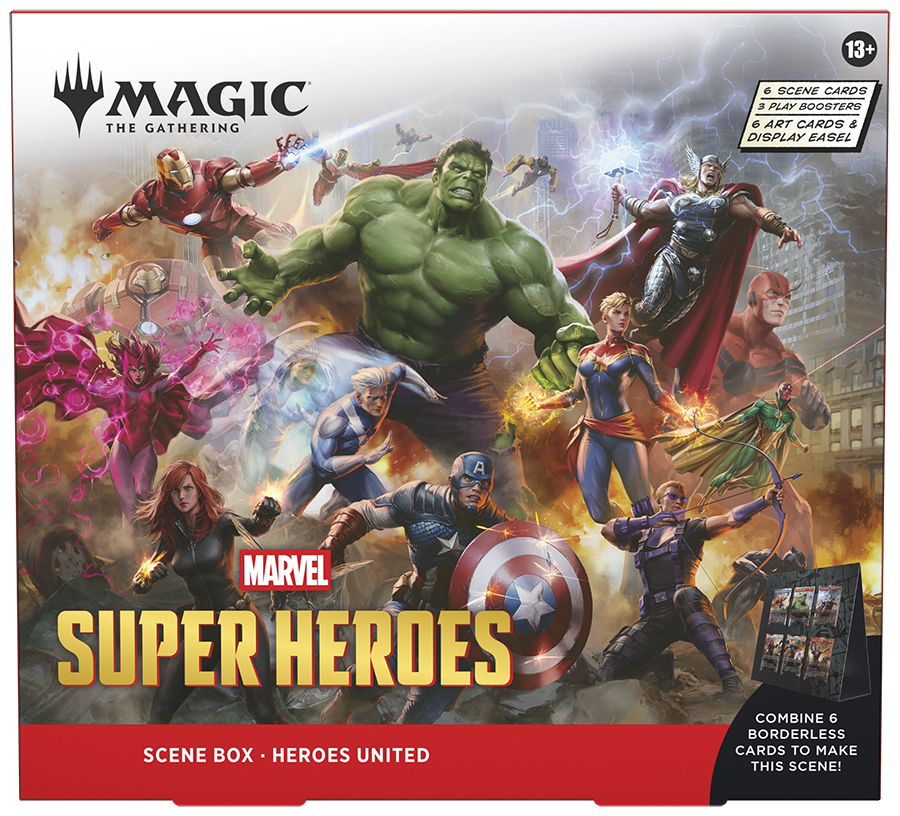 Magic: The Gathering | Marvel Super Heroes Scene Box - Heroes United | 6 Foil Borderless Scene Cards, 6 Art Cards, 3 Play Boosters + Display Easel