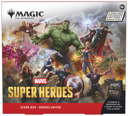 Magic: The Gathering | Marvel Super Heroes Scene Box - Heroes United | 6 Foil Borderless Scene Cards, 6 Art Cards, 3 Play Boosters + Display Easel