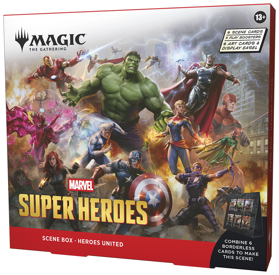 Magic: The Gathering | Marvel Super Heroes Scene Box - Heroes United | 6 Foil Borderless Scene Cards, 6 Art Cards, 3 Play Boosters + Display Easel