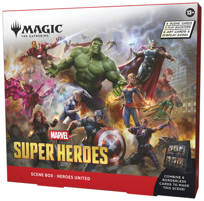 Magic: The Gathering | Marvel Super Heroes Scene Box - Heroes United | 6 Foil Borderless Scene Cards, 6 Art Cards, 3 Play Boosters + Display Easel