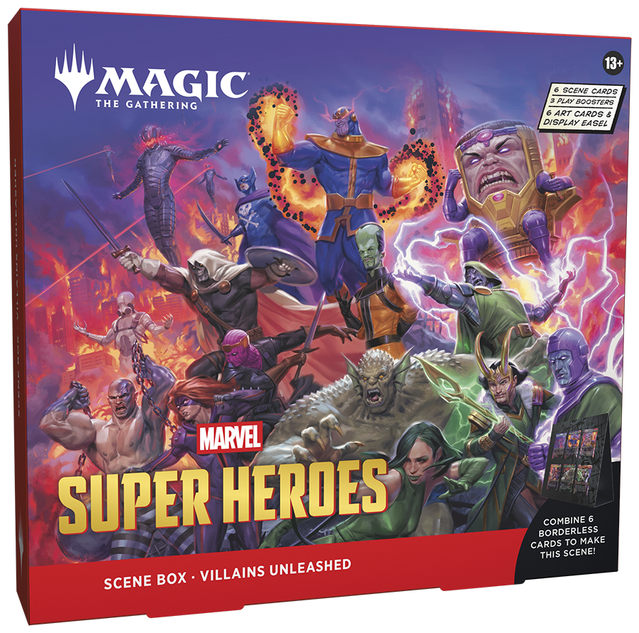 Magic: The Gathering | Marvel Super Heroes Scene Box - Villains Unleashed | 6 Foil Borderless Scene Cards, 6 Art Cards, 3 Play Boosters + Display Easel