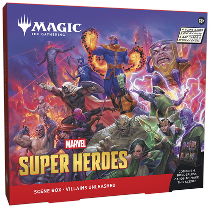 Magic: The Gathering | Marvel Super Heroes Scene Box - Villains Unleashed | 6 Foil Borderless Scene Cards, 6 Art Cards, 3 Play Boosters + Display Easel