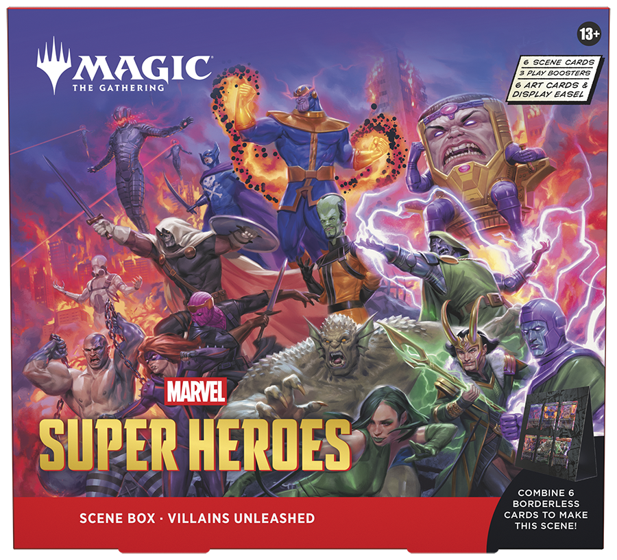 Magic: The Gathering | Marvel Super Heroes Scene Box - Villains Unleashed | 6 Foil Borderless Scene Cards, 6 Art Cards, 3 Play Boosters + Display Easel