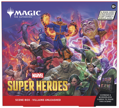 Magic: The Gathering | Marvel Super Heroes Scene Box - Villains Unleashed | 6 Foil Borderless Scene Cards, 6 Art Cards, 3 Play Boosters + Display Easel