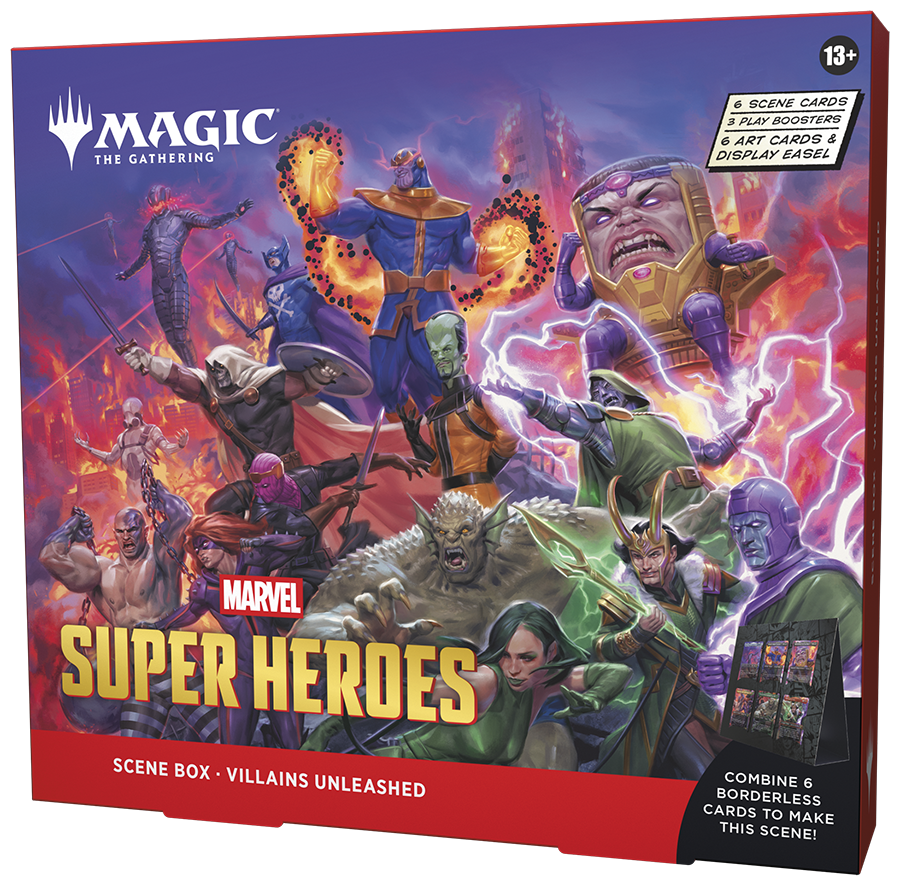 Magic: The Gathering | Marvel Super Heroes Scene Box - Villains Unleashed | 6 Foil Borderless Scene Cards, 6 Art Cards, 3 Play Boosters + Display Easel