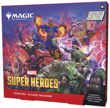 Magic: The Gathering | Marvel Super Heroes Scene Box - Villains Unleashed | 6 Foil Borderless Scene Cards, 6 Art Cards, 3 Play Boosters + Display Easel